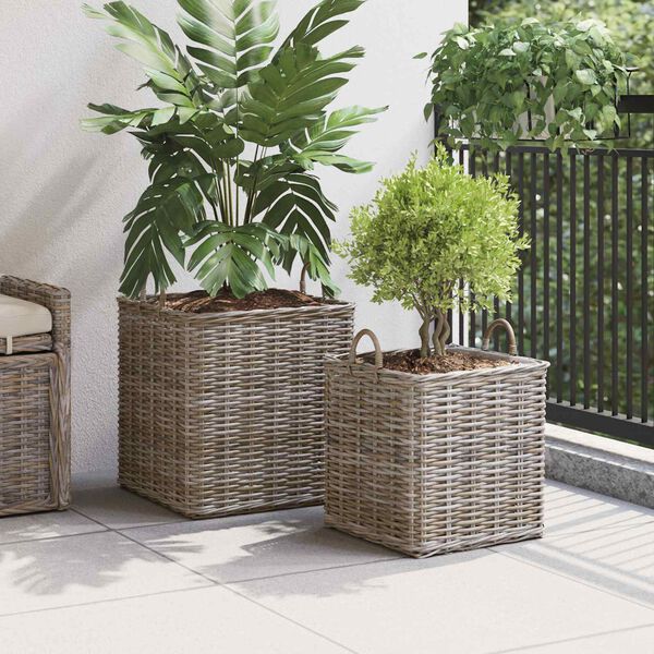 vidaXL Kosz na rośliny z przechowywaniem 2 pcs Szary Rattan Lacak