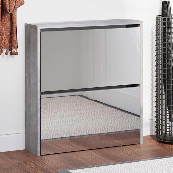 vidaXL Szafka na buty, lustro i 2 szuflady, szary dąb, 63x17x67 cm
