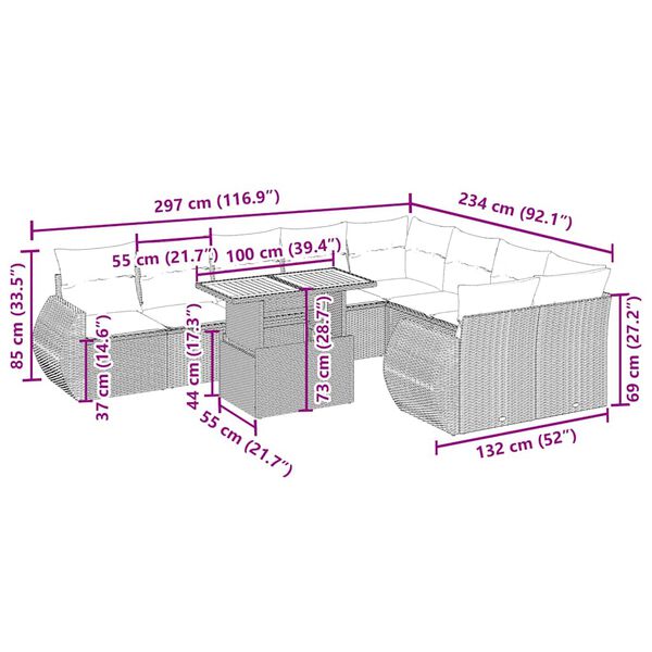 vidaXL 10-cz. zestaw mebli ogrodowych z poduszkami, beżowy, polirattan