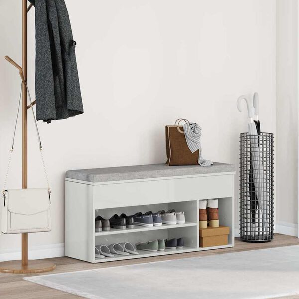 vidaXL Ławka na buty Wysoki połysk Biały 102x30,5x45 cm Drewno klejone