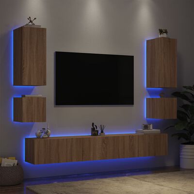 vidaXL 6-cz. zestaw ściennych mebli TV z oświetleniem LED, dąb sonoma