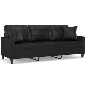 vidaXL 3-osobowa sofa z poduszkami, czarna, 180 cm, sztuczna sk&oacute;ra
