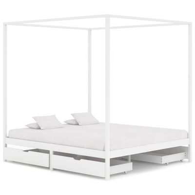 vidaXL Rama łóżka z baldachimem, 4 szuflady, biała, sosna, 160x200 cm