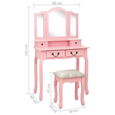 vidaXL Toaletka ze stołkiem, różowa, 80x69x141 cm, drewno paulowni
