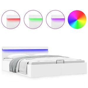 vidaXL Rama ł&oacute;żka z podnośnikiem i LED, biała, ekosk&oacute;ra, 160 x 200 cm