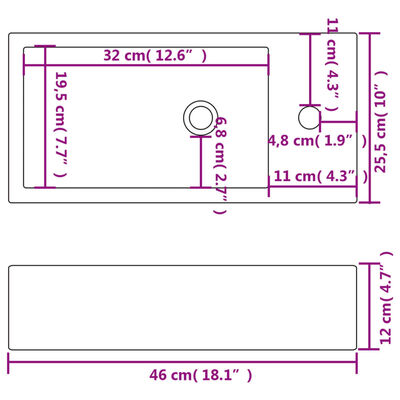vidaXL Umywalka prostokątna z otworem na baterię 46x25,5x12 cm, biała