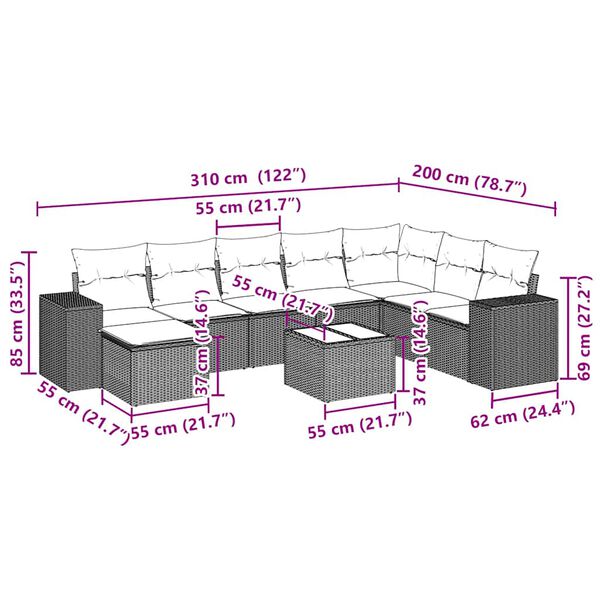 vidaXL 9-cz. zestaw mebli ogrodowych, poduszki, jasnoszary polirattan