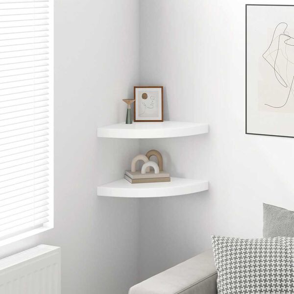 vidaXL Narożne p&oacute;łki ścienne, 2 szt., połysk, białe, 35x35x3,8 cm, MDF