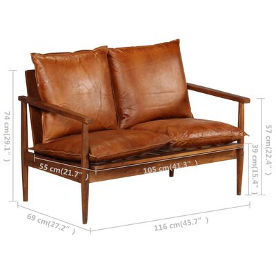 vidaXL 2-osobowa sofa z prawdziwej skóry i drewna akacjowego, brązowa