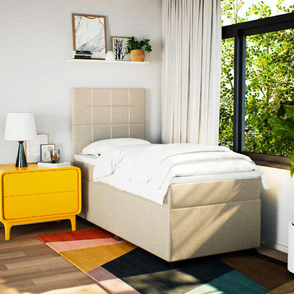 vidaXL Ł&oacute;żko kontynentalne z materacem, kremowe, tkanina, 90x190 cm