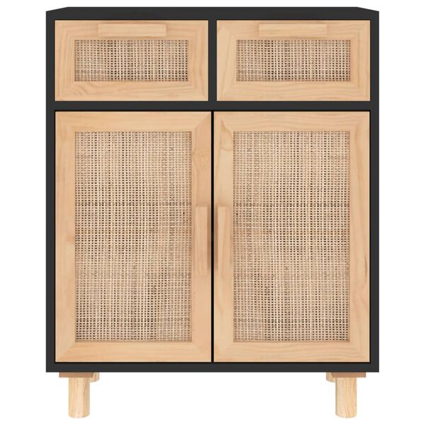 vidaXL Komoda, czarna, 60x30x75 cm, lita sosna i naturalny rattan