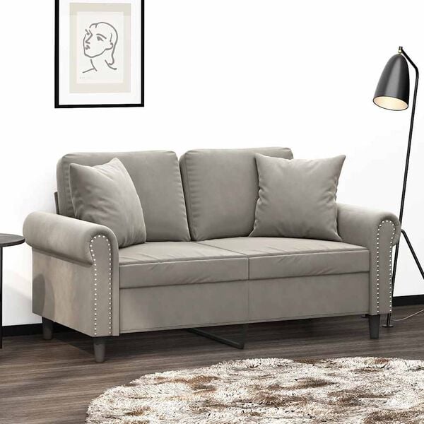 vidaXL 2-osobowa sofa z poduszkami, jasnoszara, 120 cm, aksamit