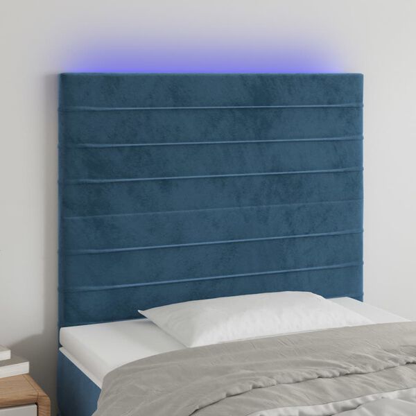 vidaXL Zagł&oacute;wek do ł&oacute;żka z LED ciemnoniebieski, 90x5x118/128 cm