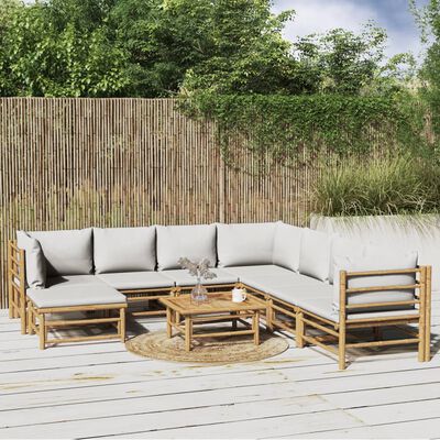 vidaXL 9-cz. zestaw mebli do ogrodu, jasnoszare poduszki, bambus
