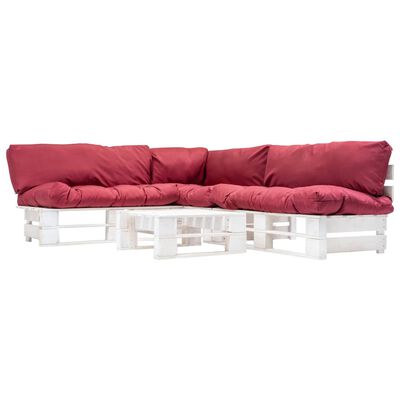vidaXL 4-cz. zestaw ogrodowy, czerwone poduszki, palety z drewna