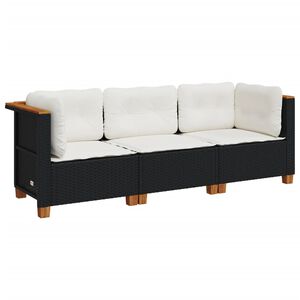vidaXL Sofa ogrodowa z poduszkami, 3-osobowa, czarna, polirattan
