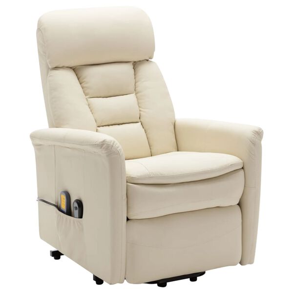 vidaXL Podnoszony fotel masujący, kremowy, obity sztuczną skórą