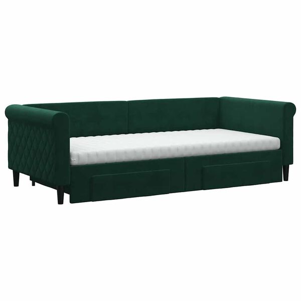 vidaXL Sofa rozsuwana z szufladami, ciemnozielona, 90x200 cm, aksamit