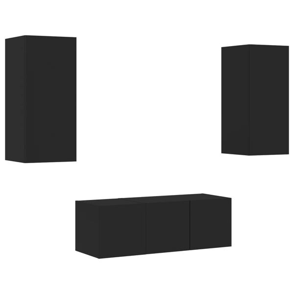 vidaXL 4-cz. zestaw mebli TV z LED, czarny, materiał drewnopochodny