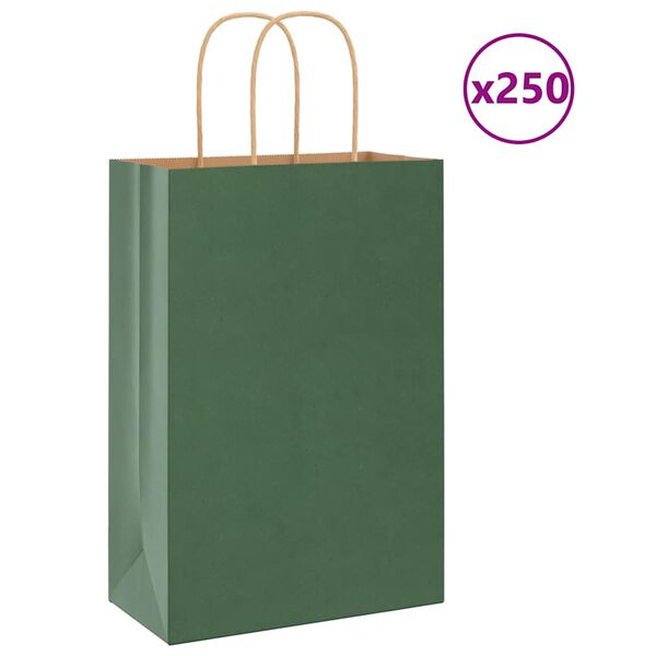 vidaXL Torby papierowe 250 szt. z uchwytami Zielone 21x11x31 cm