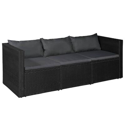 vidaXL 3-osobowa sofa ogrodowa, czarny polirattan z szarymi poduszkami