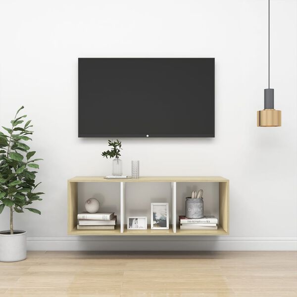 vidaXL Wisząca szafka pod TV, dąb sonoma i biel, 37x37x107 cm