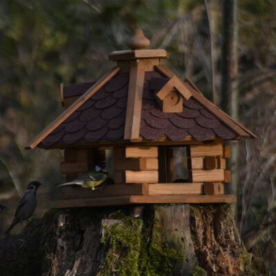 dobar Sześciokątny domek dla ptaków, naturalny kolor drewna i czerwony