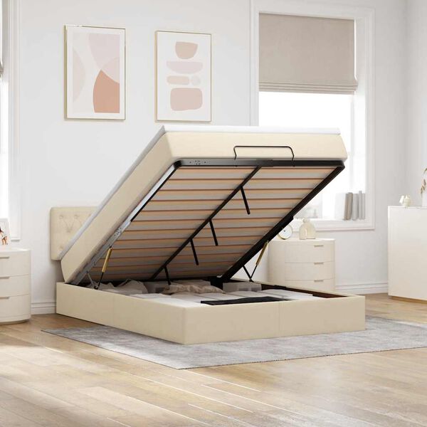 vidaXL Ł&oacute;żko Ottoman z materacem i diodami LED kremowe 140x190 cm