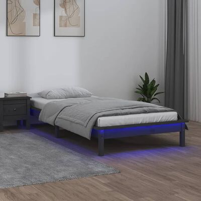 vidaXL Rama łóżka z LED, szara, 90x200 cm, lite drewno