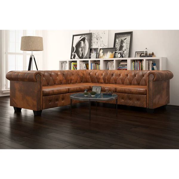 vidaXL Sofa Chesterfield, pięcioosobowa, brązowa, sztuczna sk&oacute;ra