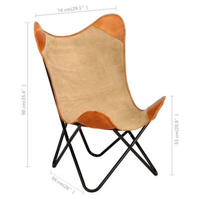 vidaXL Krzesło motyl, brązowe, skóra naturalna i płótno