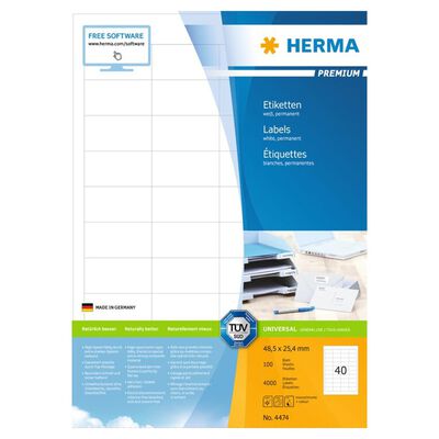 HERMA Etykiety samoprzylepne PREMIUM, 48,5x25,4 mm, 100 arkuszy A4