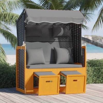 vidaXL Kosz plażowy z poduszkami, rattan PE i drewno, czarno-szary