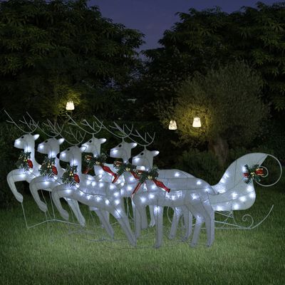vidaXL Renifery z saniami, dekoracja do ogrodu, 140 diod LED, białe