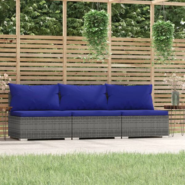 vidaXL 3-osobowa sofa ogrodowa z poduszkami, szary rattan PE