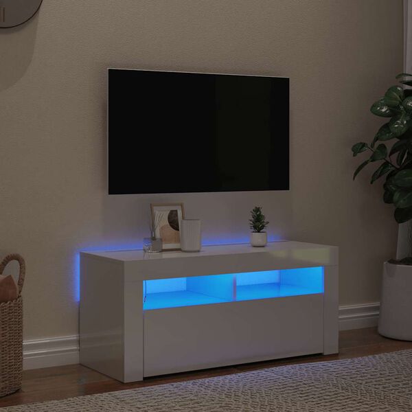 vidaXL Szafka TV z oświetleniem LED, wysoki połysk, biała, 90x35x40 cm