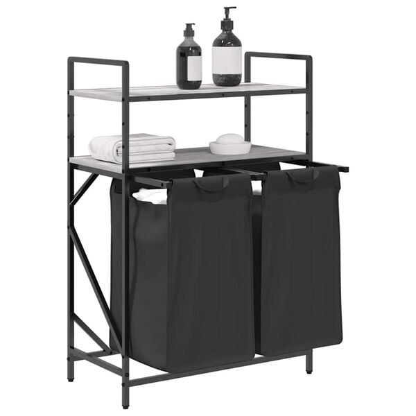 vidaXL Kosz na pranie 2 przegrody z p&oacute;łkami, szary dąb sonoma