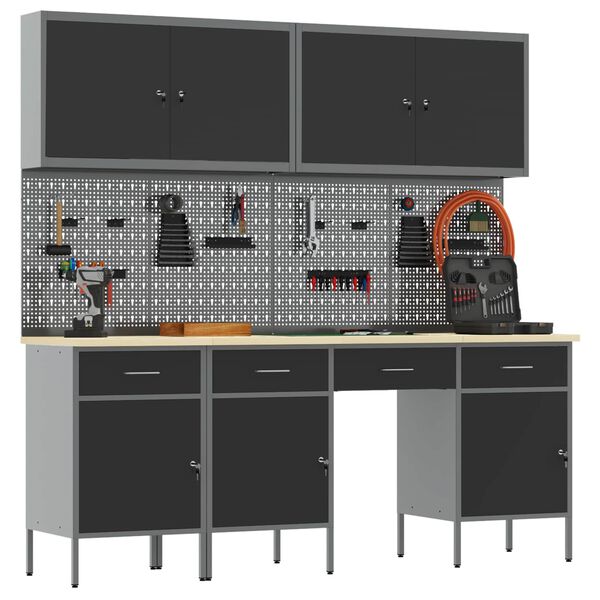 vidaXL Szafka robocza 10 pcs Czarny Drewno inżynieryjne i stal