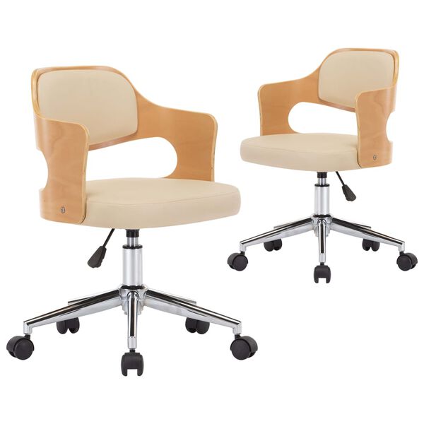 vidaXL Krzesła obrotowe, 2 szt., kremowe, gięte drewno i ekoskóra