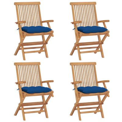 vidaXL Krzesła ogrodowe z niebieskimi poduszkami, 4 szt., tekowe