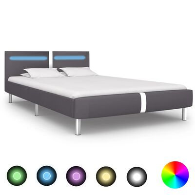 vidaXL Rama łóżka LED, szara, sztuczna skóra, 140x200 cm