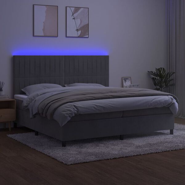 vidaXL Ł&oacute;żko kontynentalne z materacem i LED, szare 200x200cm, aksamit