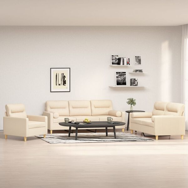 vidaXL 3-częściowy komplet wypoczynkowy z poduszkami, kremowy, tkanina