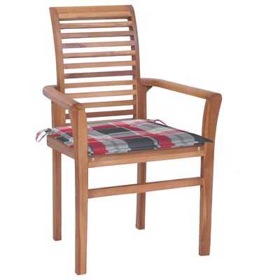 vidaXL Krzesła stołowe, 2 szt., poduszki w czerwoną kratę, tekowe