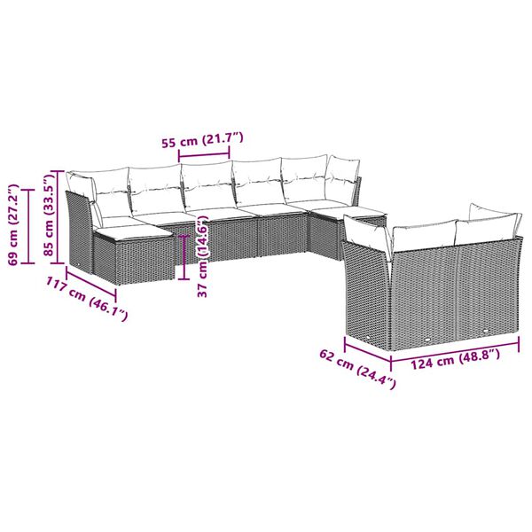 vidaXL 9-cz. zestaw mebli ogrodowych, poduszki, jasnoszary polirattan
