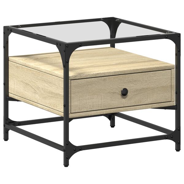 vidaXL Stolik kawowy ze szklanym blatem, dąb sonoma, 50x50x45 cm