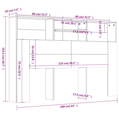 vidaXL Wezgłowie łóżka z półkami, szarość betonu, 160x19x103,5 cm