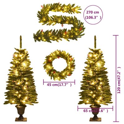 vidaXL Sztuczne drzewka świąteczne, 2 szt., z wieńcem, girlandą i LED