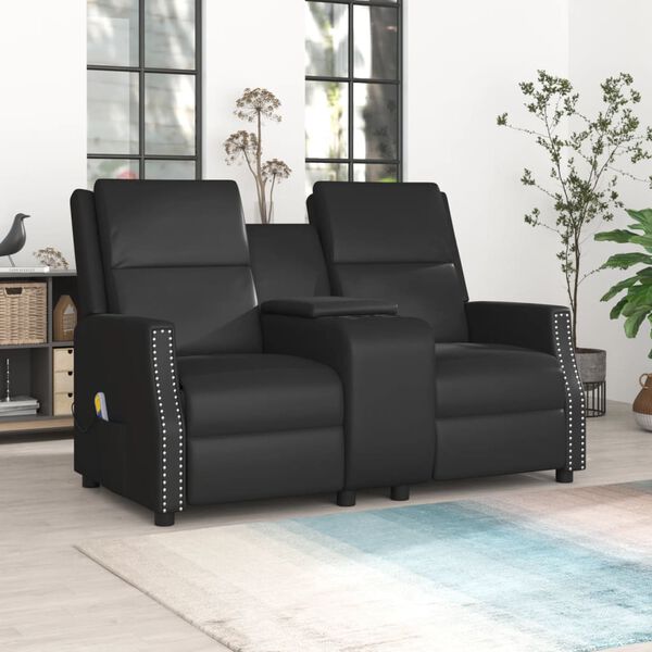 vidaXL Rozkładany fotel masujący z uchwytem, 2-os., czarny, ekoskóra