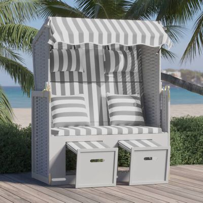 vidaXL Kosz plażowy z poduszkami, rattan PE i drewno, szaro-biały